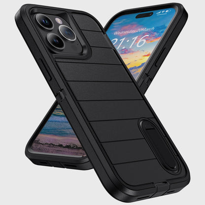 For iPhone 15/iPhone 15 Plus/iPhone 15 Pro/iPhone 15 Pro Max 5G 3-Layers Heavy Duty Protective Kickstand Phone Cover Black Case