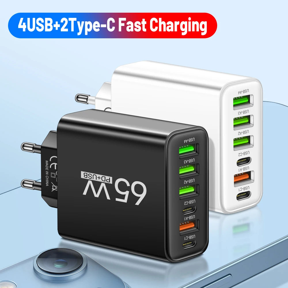 Total 65W USB C Charger 6 Ports Fast Charging Wall Charger for iPhone 15 14 Pro Max Samsung Galaxy S23 Xiaomi 14 Mobile Phone Ch