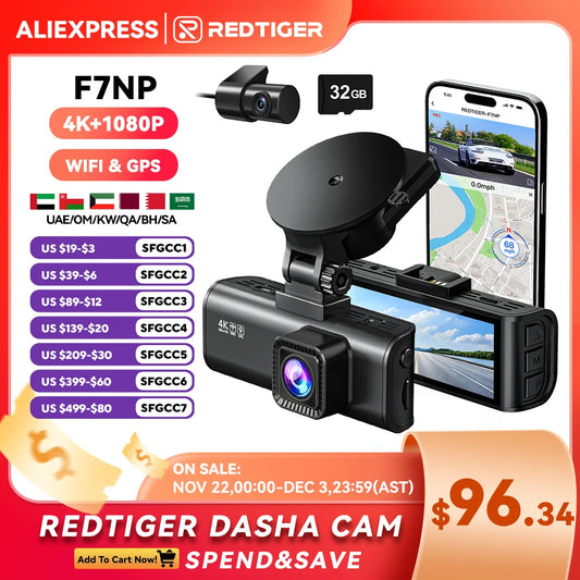 REDTIGER F7NP 4K Dash Camera for Cars 3.18” IPS Screen Mini Dash Cam Recorder Car Dvr for 24H Parking Mode Built In WiFi GPS