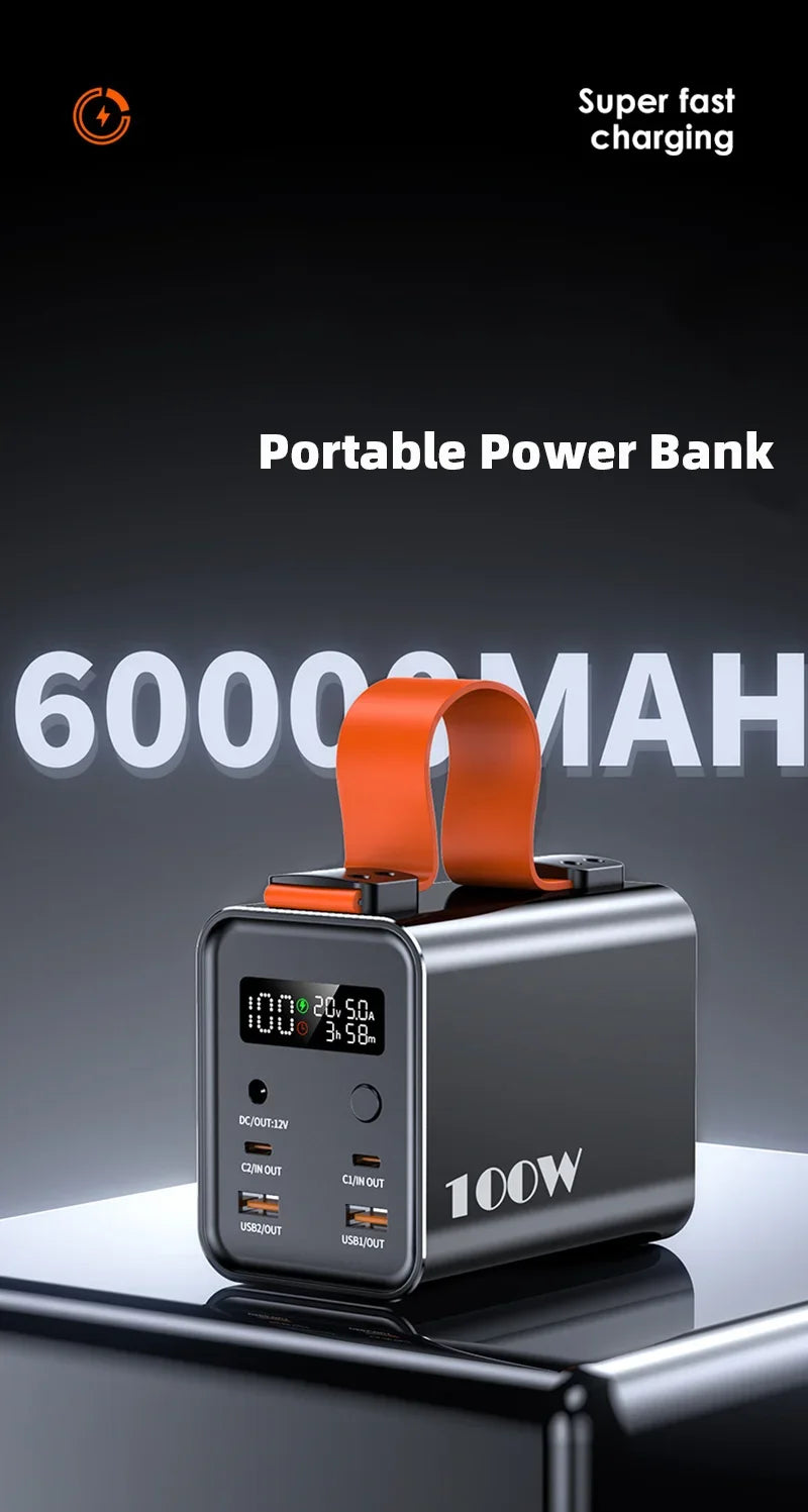 60000mAh 100W Power Bank Station Portable Fast Charging USB C External Spare Battery Large Capacity Powerbank For Laptop iPhone