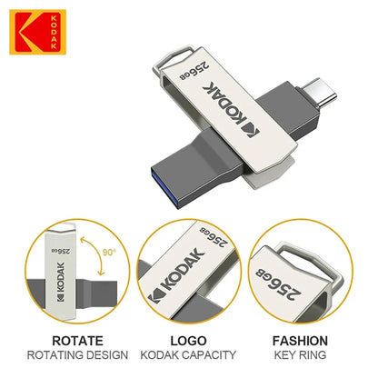 Kodak K273 Metal USB Flash Drive USB3.2 Type C Flash Drive 32GB 64GB 128GB 256GB High Speed for Car Laptop