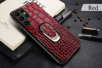 Genuine Cowhide Leather Bracket Phone Case For Samsung Galaxy S24 S23 Ultra S23 Plus S24Ultra S22Ultra Back Cover with Ring