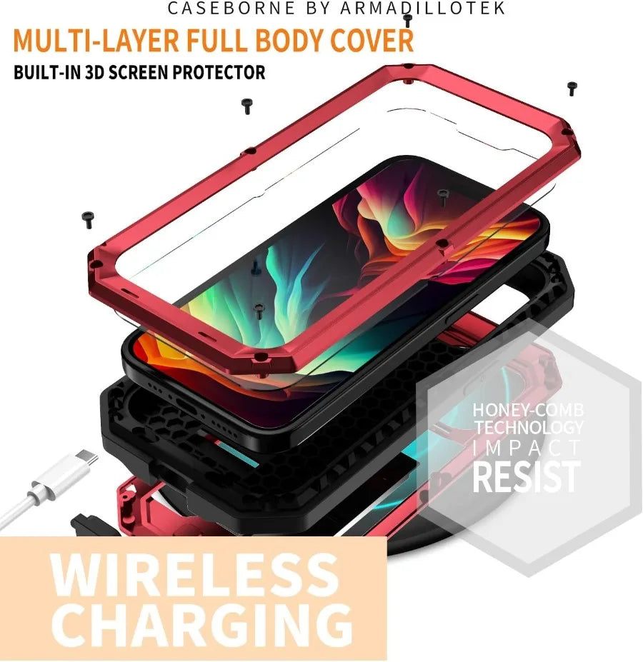 For iPhone 16 15 14 Plus 13 12 11 Pro Max Rugged Aluminum Metal Armor Phone Case Heavy Duty Shockproof Cover Screen Protector