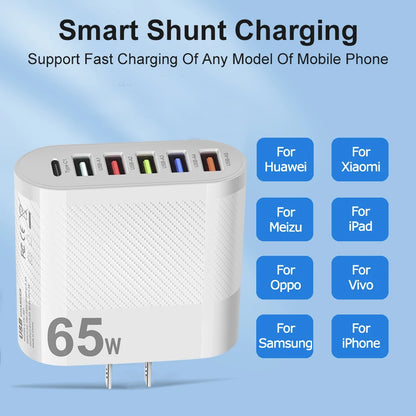 Muti 6 Ports Charger 65W USB High Speed Fast Charging PD Mobile Phone Wall Adapter for Huawei Mate 60 Xiaomi 13Quick Charge 3.0