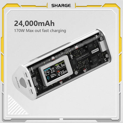 SHARGE Power Bank 24000mAh 170W Output Fast Charge with IPS Smart Screen Display IP66 Waterproof for MacBook Tablet iPhone 15pro