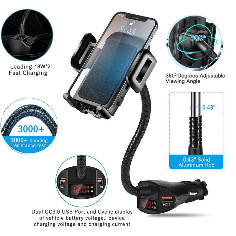 3 In 1 Car Cigarettes Lighter Phone Holder Dual USB Car Charger With Voltage Detector Adjustable Cell Phone Holder Stand