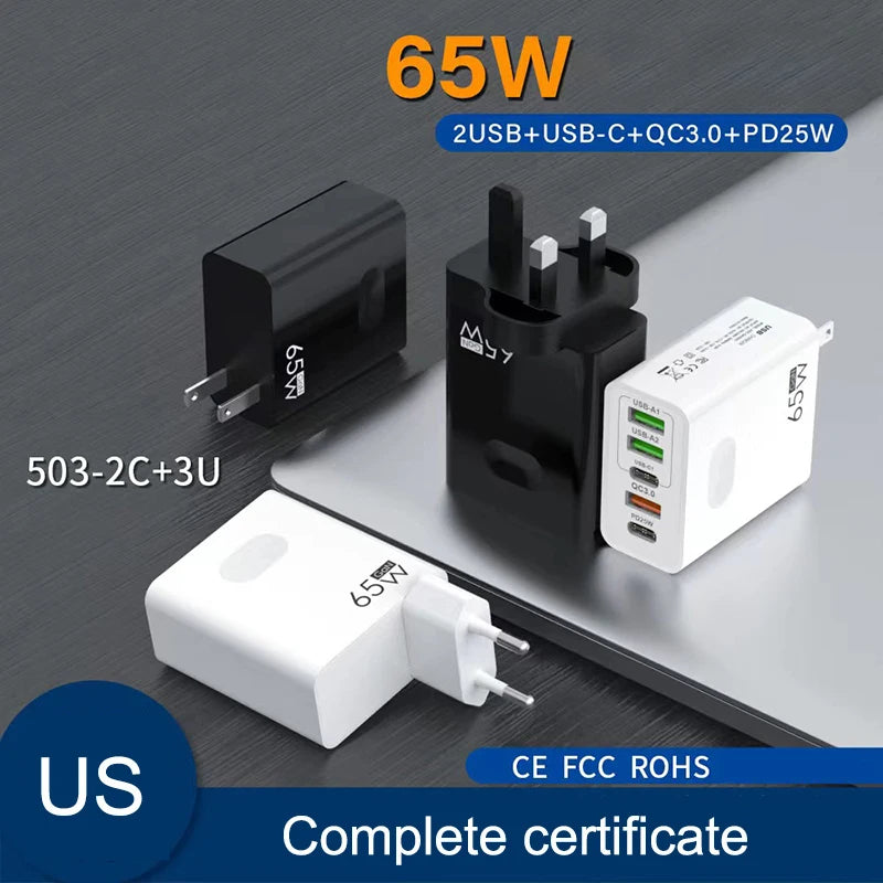 GaN Charger 65W USB PD Muti Plugs Ports Fast Quick Charging Charger Mobile Phone Type C Wall Adapter for IPhone Samsung