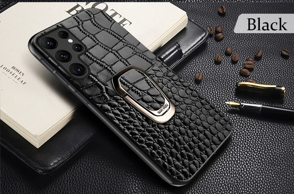 Genuine Cowhide Leather Bracket Phone Case For Samsung Galaxy S24 S23 Ultra S23 Plus S24Ultra S22Ultra Back Cover with Ring