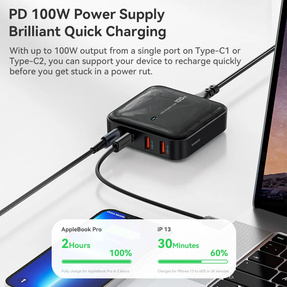 Toocki GaN 100W Desktop Charger Type C Fast Charging QC4.0 PD3.0 USB C Charger For Macbook iPhone 14 13 Samsung Xiaomi Laptop