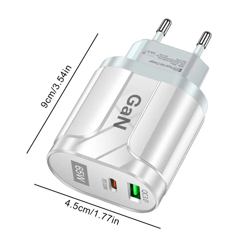 GaN Wall Charger 2-Port 65W USB Charging Station Hub GaN Block USB C & QC Adapter Power Adapter Fast Charging For Type C Devices