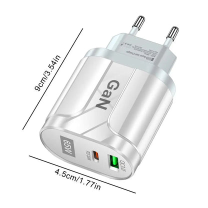 GaN Wall Charger 2-Port 65W USB Charging Station Hub GaN Block USB C & QC Adapter Power Adapter Fast Charging For Type C Devices