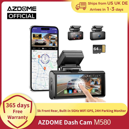 AZDOME M580 Dash Cam 5k Front Rear Car Camera Built-in 5GHz WiFi GPS 4" Touch Screen 24H Parking Monitor Night Vision Black Box