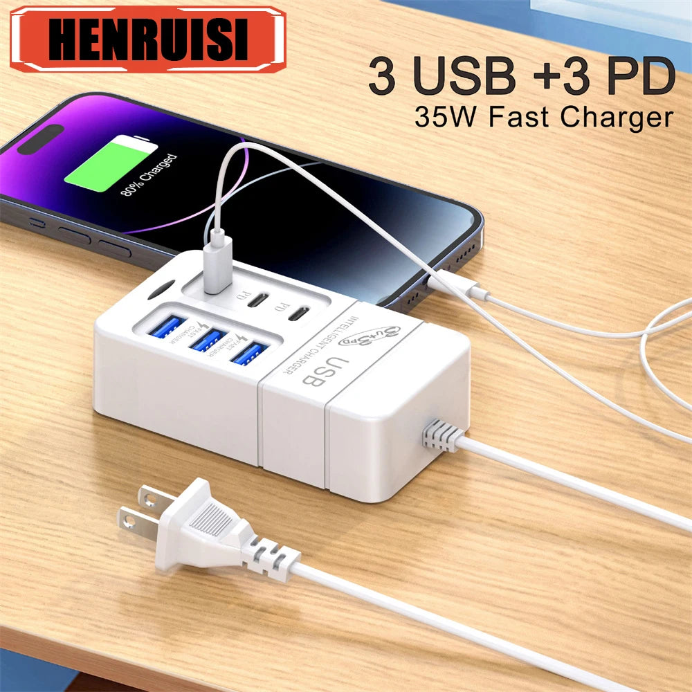 35W Multi-port USB Power Strip Charger PD Fast Charging Charger Power Socket Plug Adapter For iPhone Xiaomi Travel Mobile Phones