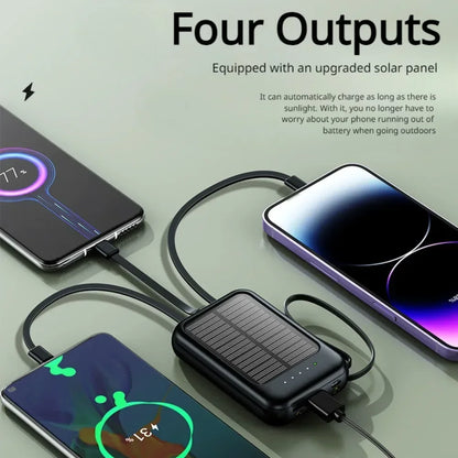 New Solar 10000mah External Battery Led Charger Portable Mobile Phone Solar Power Bank Built in Cable Mini Power Banks