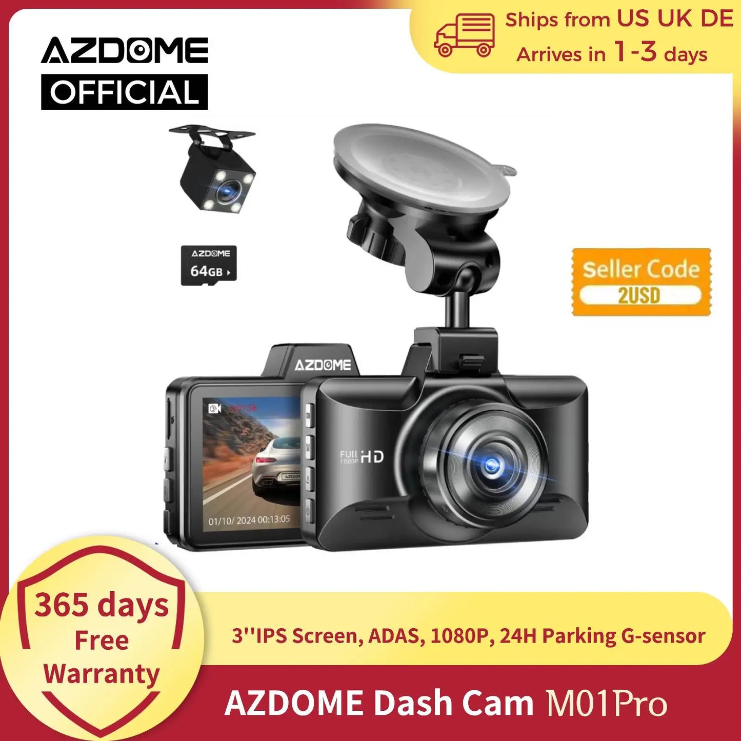 AZDOME Dash Cam M01 Pro 3“ IPS Screen ADAS Car DVR 1080P Auto Recorder 24H Parking G-sensor Support 150° FOV Dual-channel Record