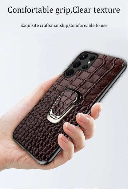 Genuine Cowhide Leather Bracket Phone Case For Samsung Galaxy S24 S23 Ultra S23 Plus S24Ultra S22Ultra Back Cover with Ring