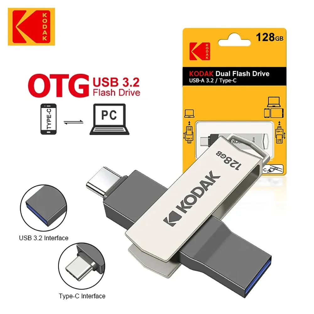 Kodak K273 Metal USB Flash Drive USB3.2 Type C Flash Drive 32GB 64GB 128GB 256GB High Speed for Car Laptop