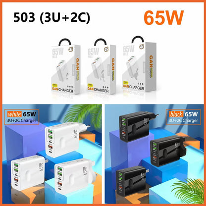 GaN Charger 65W USB PD Muti Plugs Ports Fast Quick Charging Charger Mobile Phone Type C Wall Adapter for IPhone Samsung