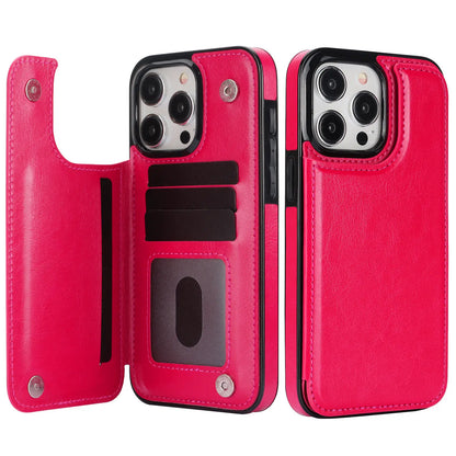 Double Buckle Leather Case for iPhone 15 Pro Max 15 Plus with Card Slots and Stand Function Drop Protection Cover