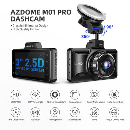 AZDOME Dash Cam M01 Pro 3“ IPS Screen ADAS Car DVR 1080P Auto Recorder 24H Parking G-sensor Support 150° FOV Dual-channel Record