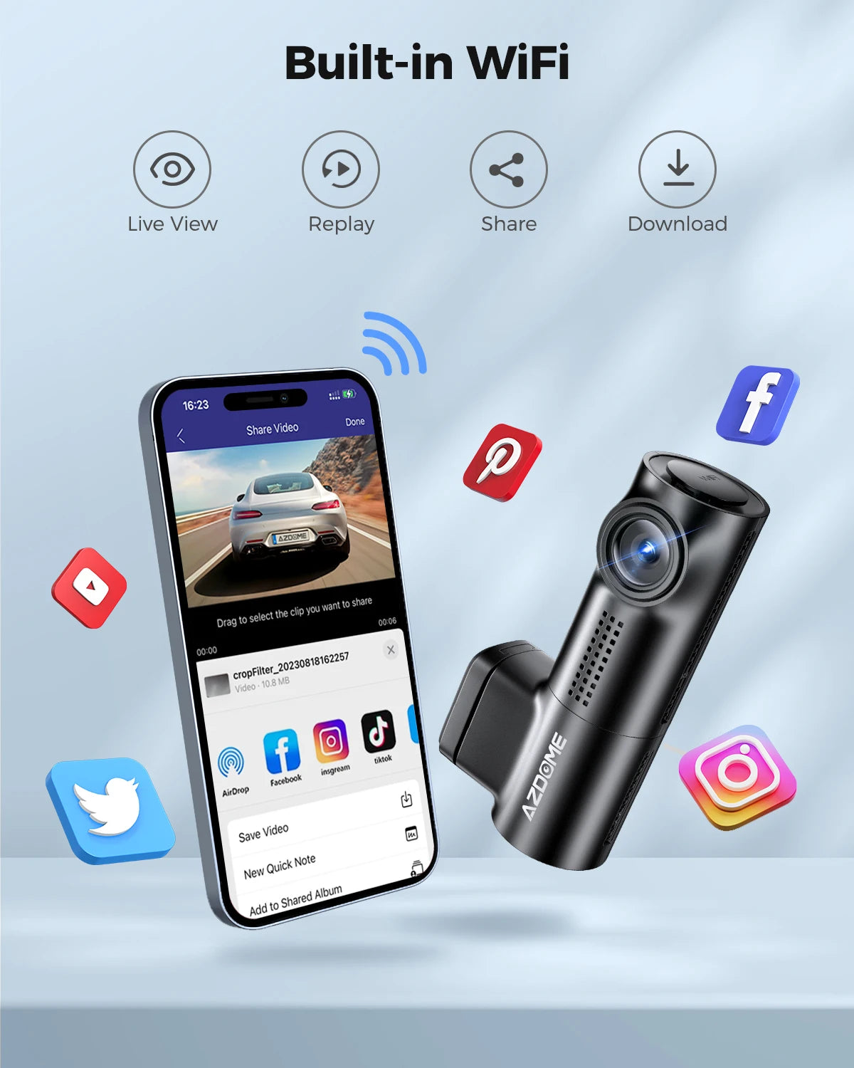 AZDOME M330 Car DVR 1296P Dash Cam Smart Voice Control WiFi Free APP G-sensor Emergency Record Parking Monitor Loop Recording